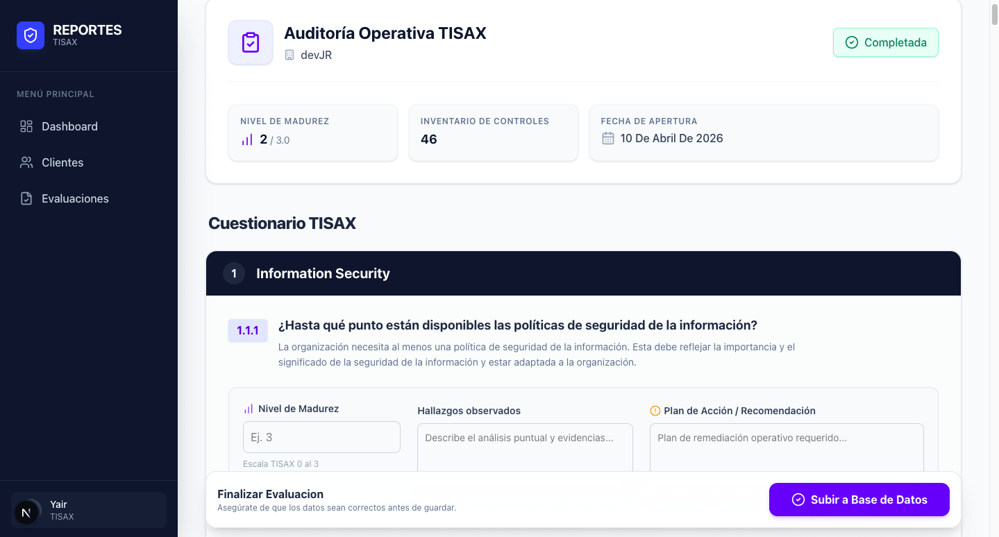Vista del sistema de reportes TISAX